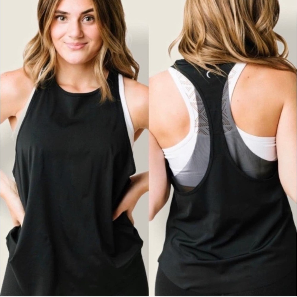 Zyia Tank Womens Large Black Double Racerback Mesh Athletic Gym Workout Fitness